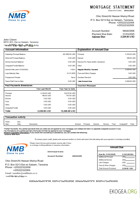 Relevé hypothécaire de la Tanzanie NMB Bank aux formats Word et PDF